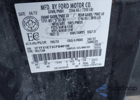 2012 Ford F-150 Xlt из США, поврежденный, VIN 1FTFX1ET3CFB48126